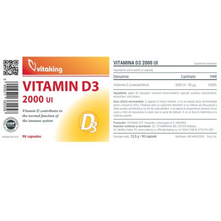 Vitamina D3, 2000 UI, 90 capsule, Vitaking 709869