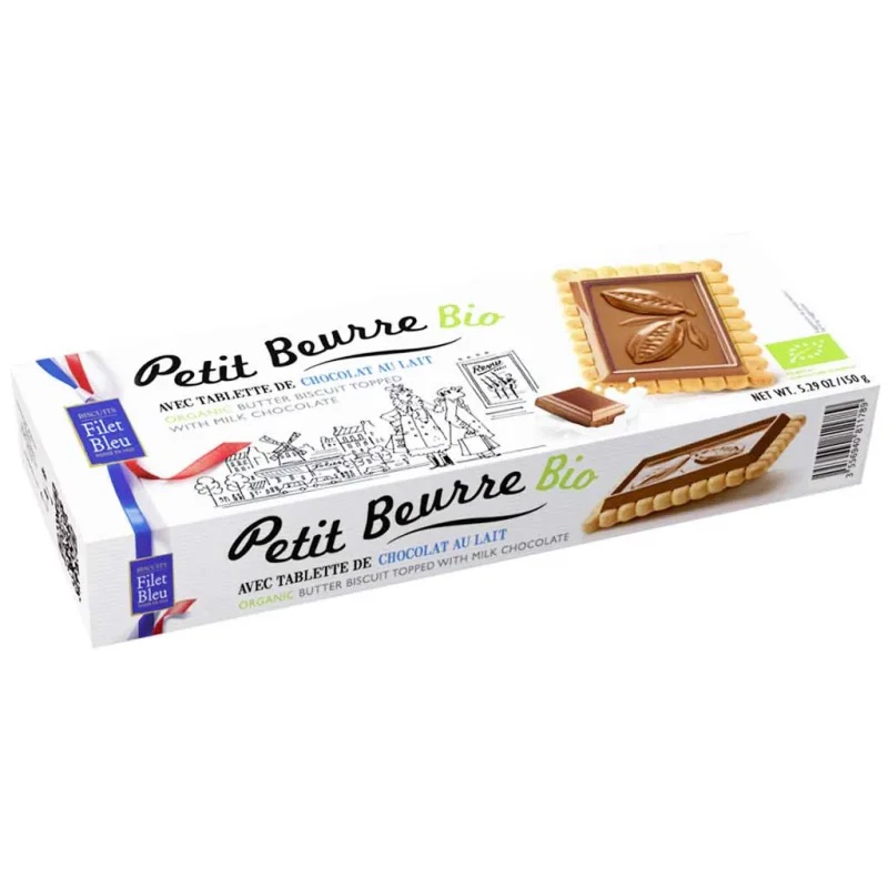 Biscuiti bio cu unt, acoperiti cu ciocolata cu lapte Petit Beurre, 150 g, Filet Bleu