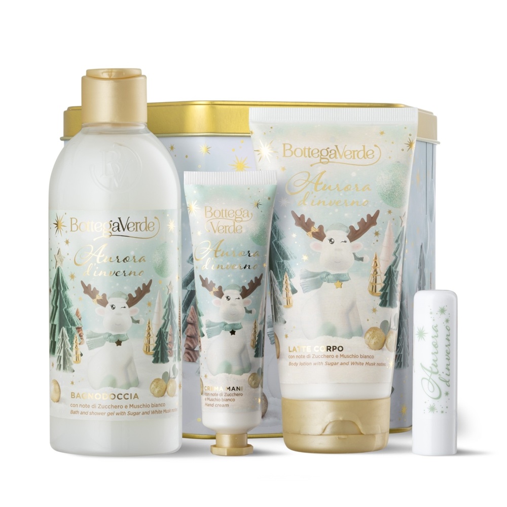 Set Craciun Gel de dus cu aroma de mosc alb si zahar 250 ml + Lapte de corp 150 ml + Crema de maini 30 ml + balsam de buze 4 ml Aurora D'inverno, Bottega Verde