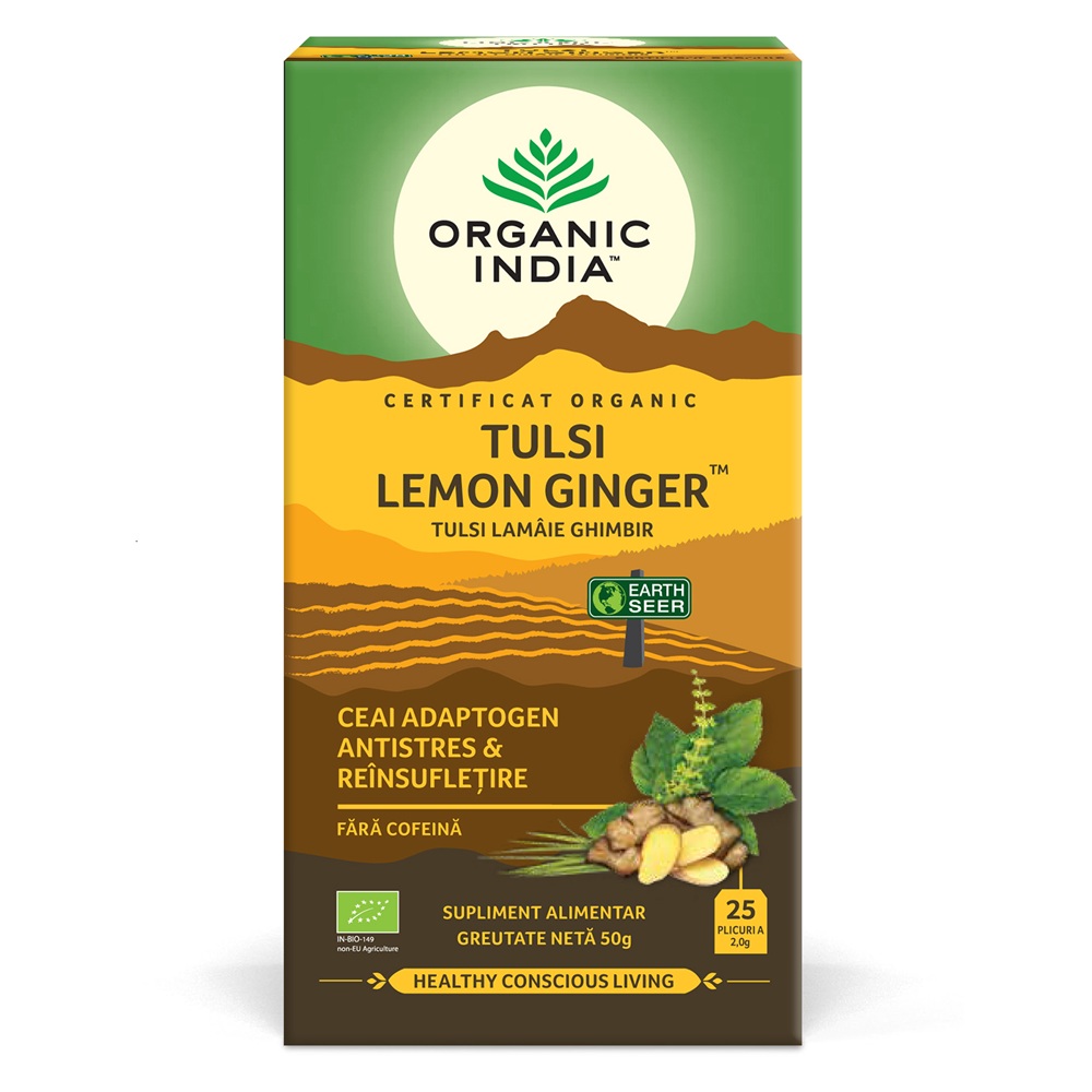 Ceai Tulsi cu lamaie si ghimbir, 25 plicuri, Organic India