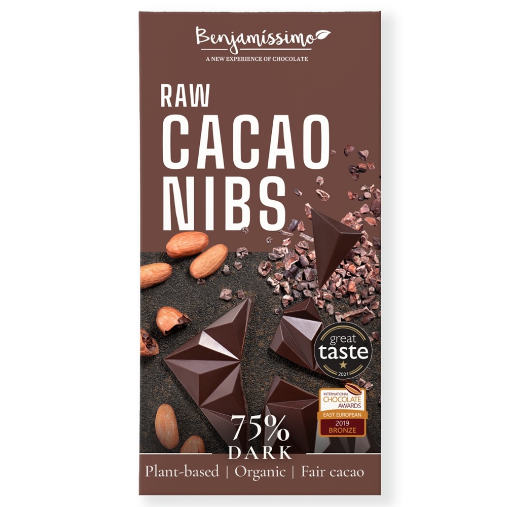 Ciocolata neagra 75% bio cu cacao nibs, 60 g, Benjamissimo