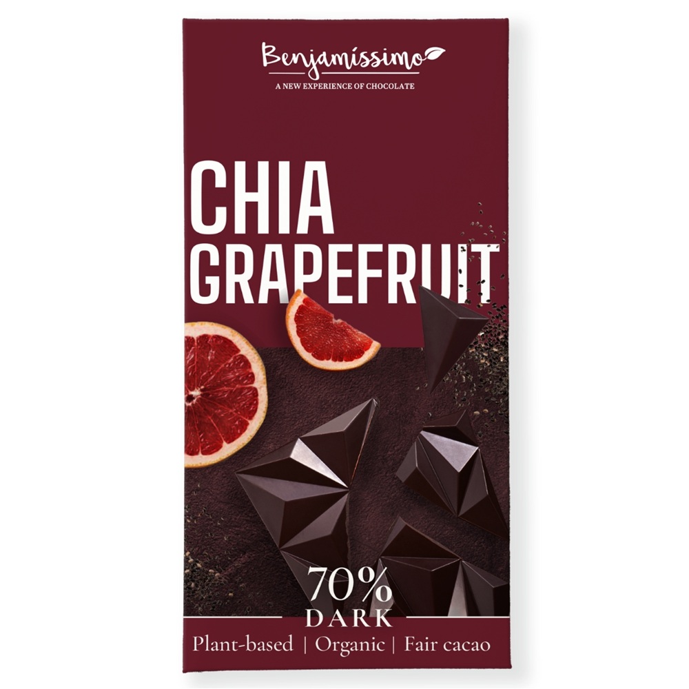 Ciocolata neagra 70% bio cu chia si grapefruit, 60 g, Benjamissimo