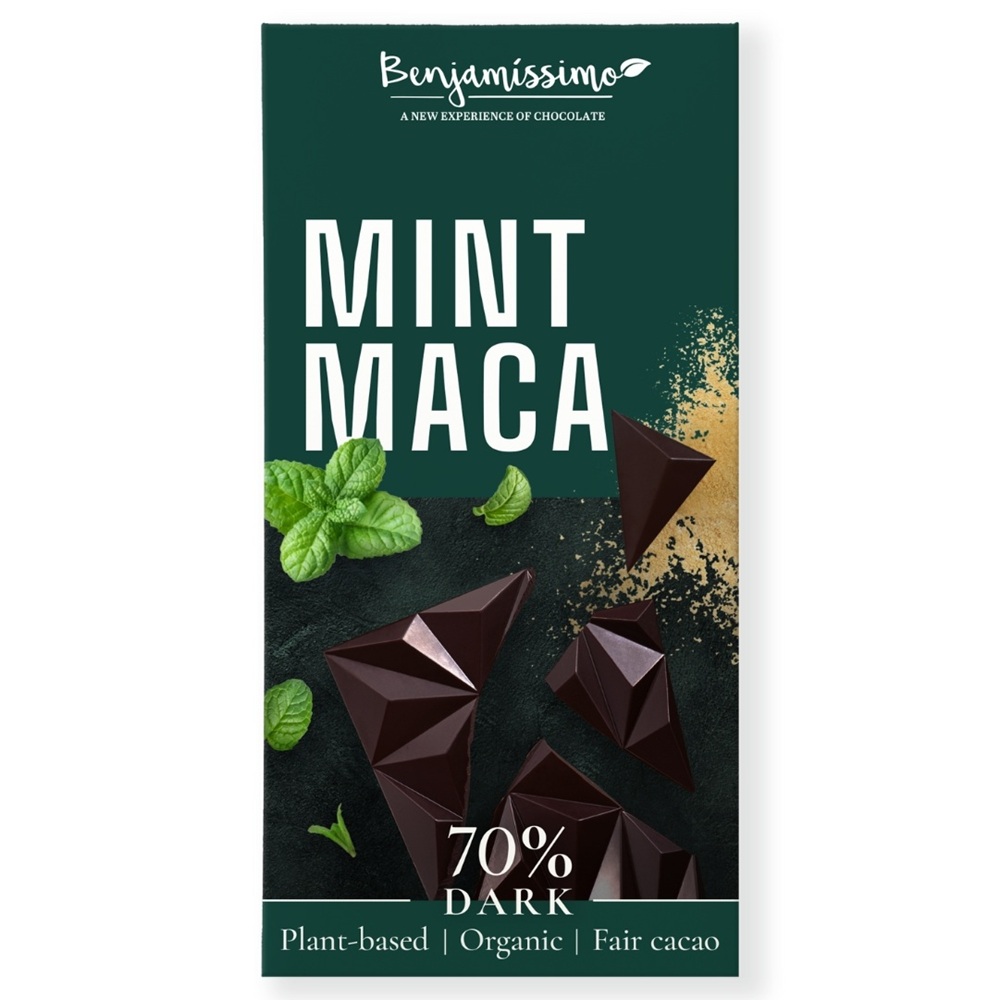 Ciocolata neagra 70% bio cu menta si maca, 60 g, Benjamissimo