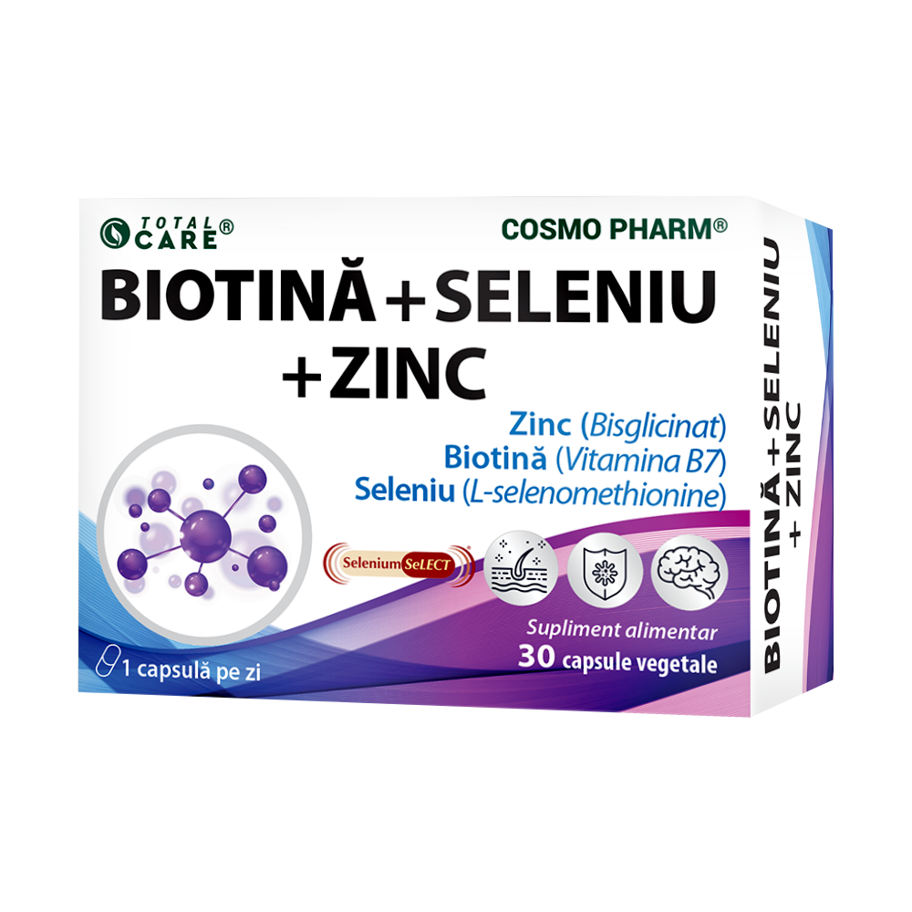 Biotina + Seleniu + Zinc, 30 capsule vegetale, Cosmopharm