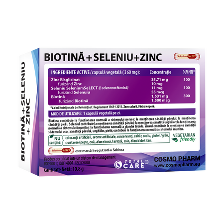 Biotina + Seleniu + Zinc, 30 capsule vegetale, Cosmopharm 628083