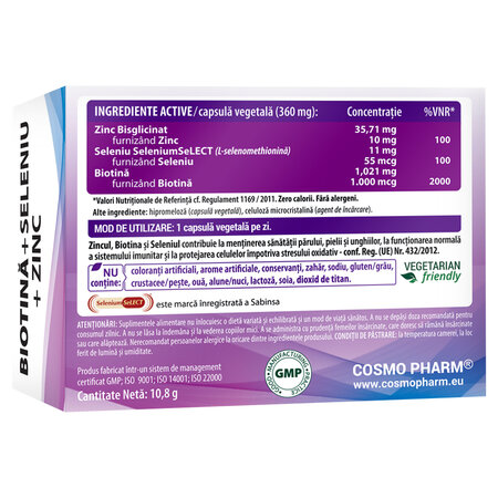 Biotina + Seleniu + Zinc, 30 capsule vegetale, Cosmopharm 755280