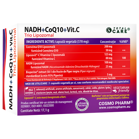 NADH + CoQ10 + Vitamina C Trio Lipozomal, 30 capsule vegetale, Cosmopharm 628113