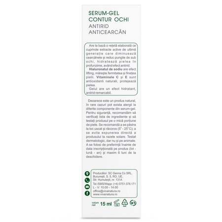 Serum-gel contur ochi antirid si anticearcan, 15 ml, Vivanatura 710129