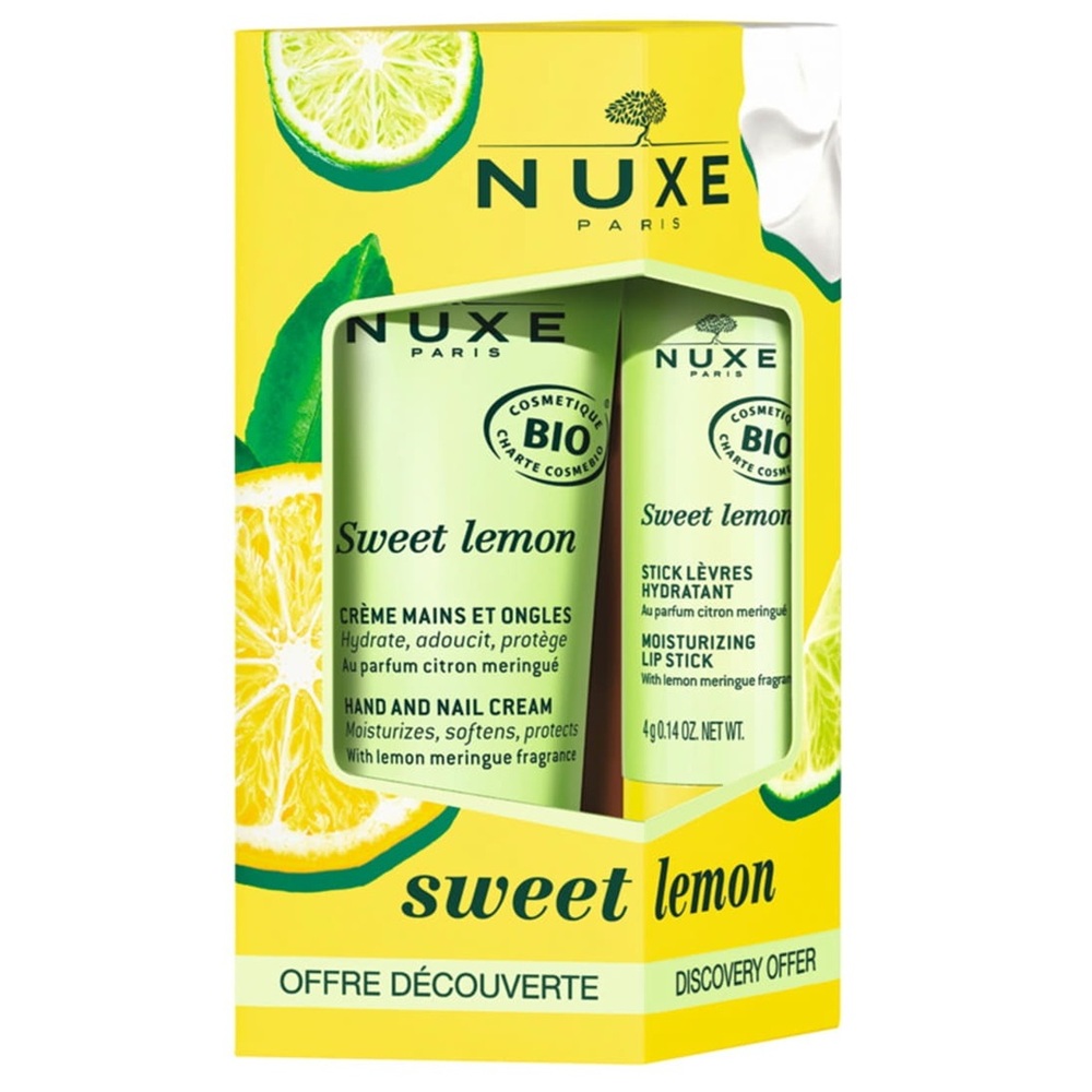 Pachet Crema pentru maini si unghii Sweet Lemon, 30 ml + Stick de buze Sweet Lemon, 4 g, Nuxe