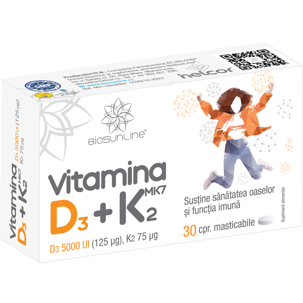 Vitamina D3 + K2, 30 comprimate masticabile, BioSunLine