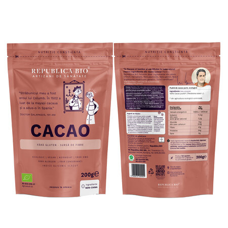 Pulbere ecologica pura de cacao, 200 g, Republica Bio 701890