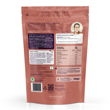 Pulbere ecologica pura de cacao, 200 g, Republica Bio 701889