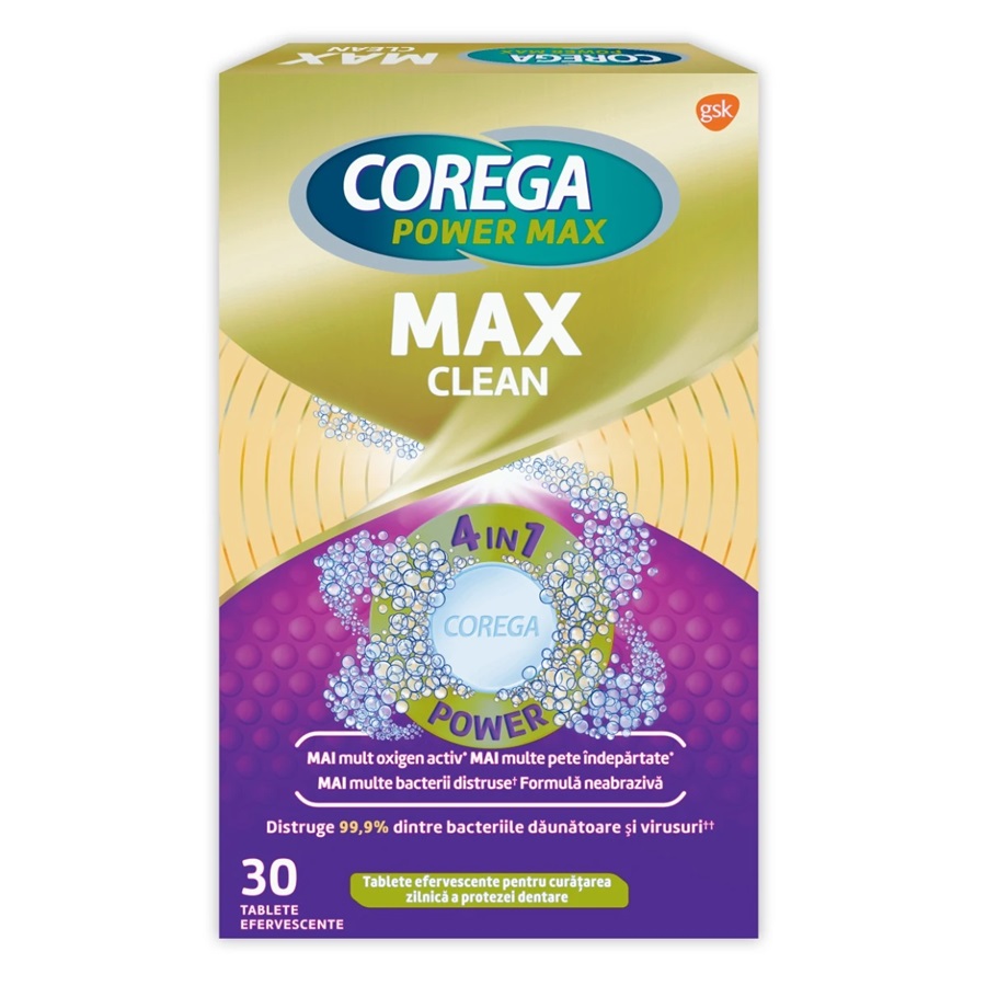 Tablete efervescente Corega Max Clean, 30 tablete, Gsk