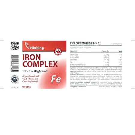 Fier cu vitaminele B si C, 100 tablete, Vitaking 704585
