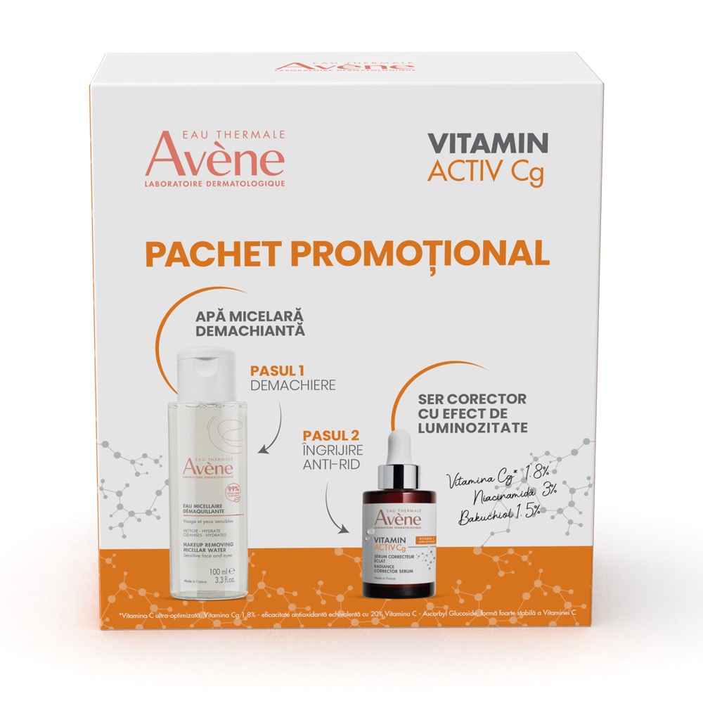 Pachet Ser corector cu efect de luminozitate Vitamin Activ Cg, 30 ml+Apa micelara demachianta, 100 ml, Avene