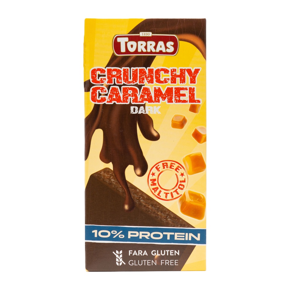 Ciocolata neagra cu proteina din soia si caramel Fit Style, 100 g, Torras