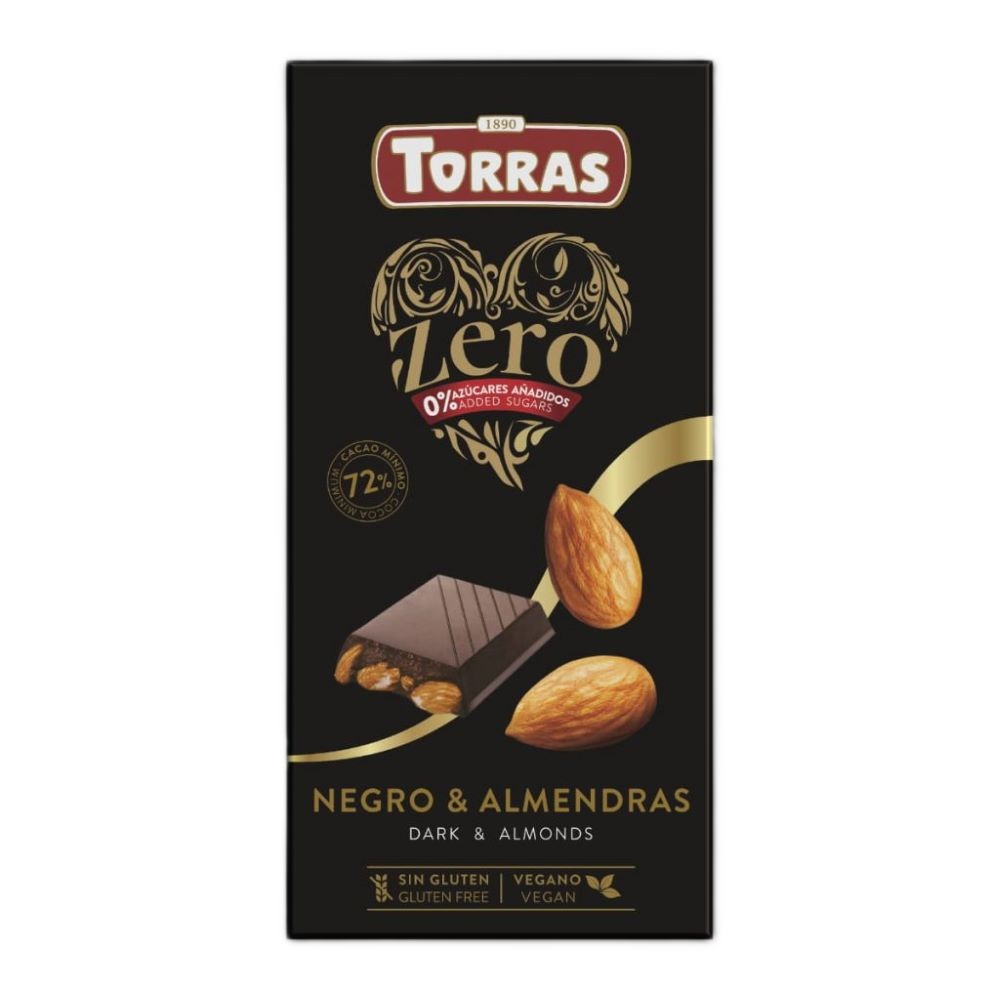 Ciocolata neagra cu 72% cacao si migdale Zero, 150 g, Torras