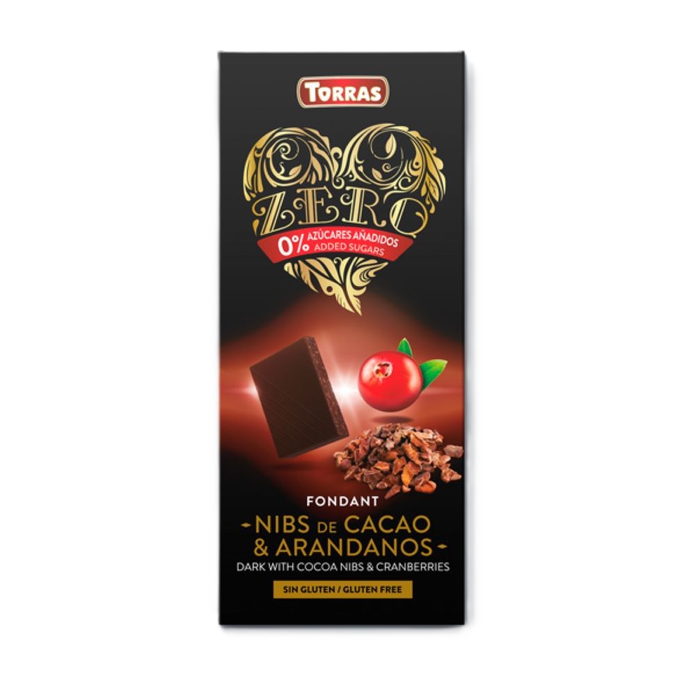 Ciocolata neagra cu bucati de cacao si merisor Zero, 125 g, Torras