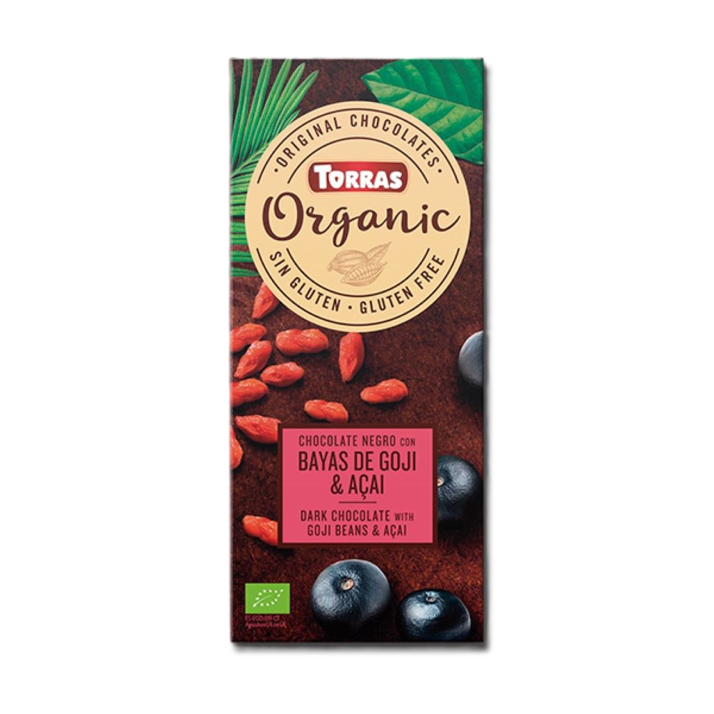 Ciocolata neagra ecologica cu fructe goji si pudra acai, 100 g, Torras