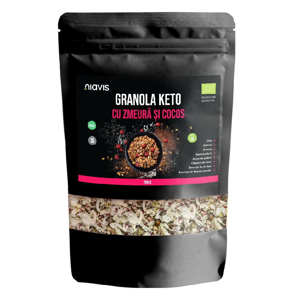 Granola Keto cu Zmeura si Cocos Ecologica, 200 g, Niavis