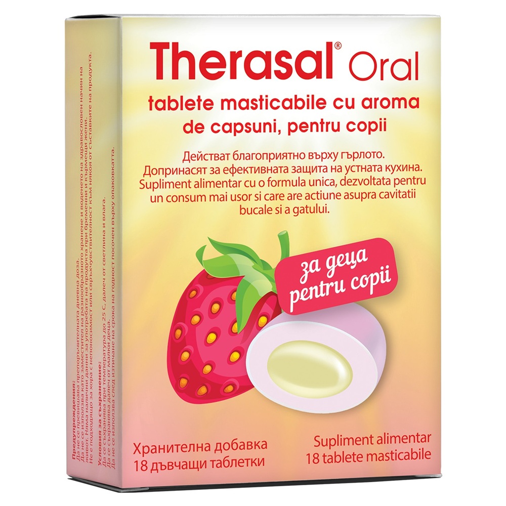 Tablete masticabile cu aroma de capsuni Therasal Oral, 18 bucati, Vedra