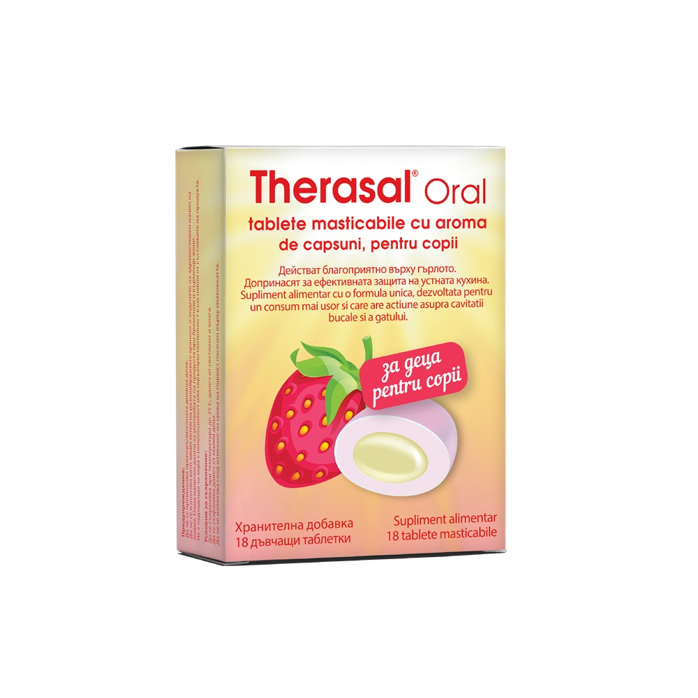 Tablete masticabile cu aroma de capsuni Therasal Oral, 18 bucati, Vedra