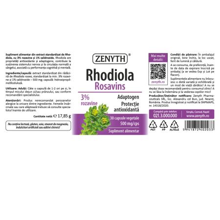 Rhodiola Rosavins, 500 mg, 30 capsule vegetale, Zenyth 702078