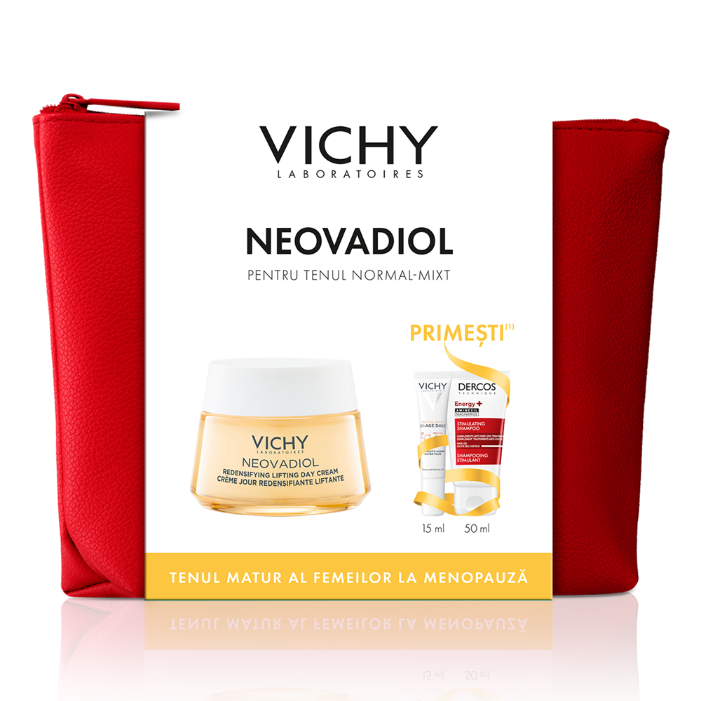 Pachet Crema cu efect de redensificare ten normal-mixt Neovadiol, 50 ml + Fluid cu SPF 50+ Capital Soleil, 15 ml + Sampon Aminexil Dercos, 50 ml, Vichy