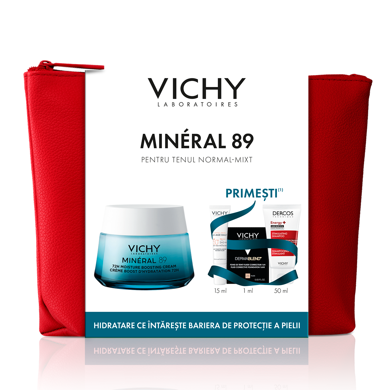 Pachet Crema pentru toate tipurile de ten Mineral 89, 50 ml + Fluid cu SPF 50+ Capital Soleil, 15 ml + Fond de ten Dermablend, 25 Nude, 1 ml + Sampon Aminexil Dercos, 50 ml, Vichy