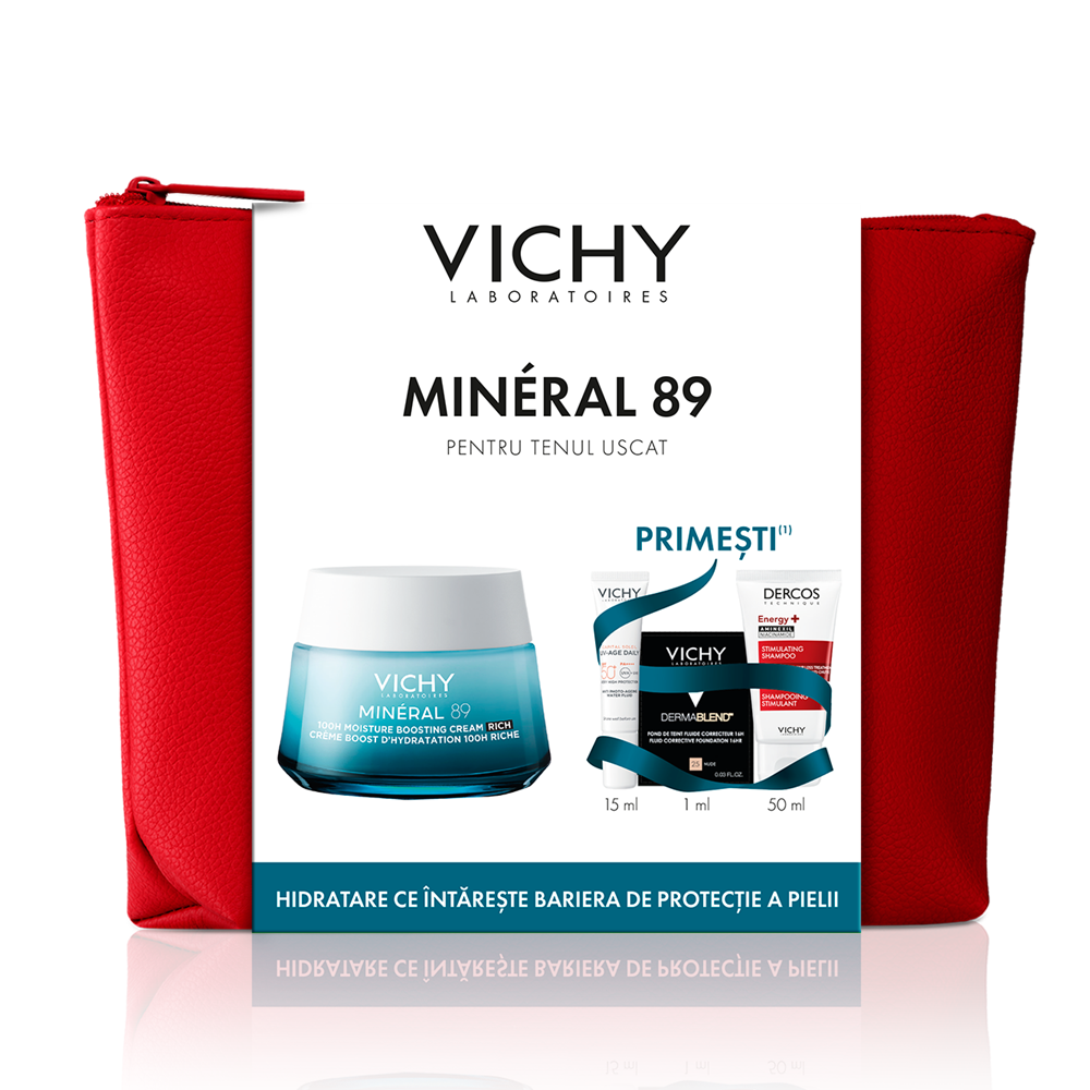 Pachet Crema pentru ten uscat Mineral 89, 50 ml + Fluid cu SPF 50+ Capital Soleil, 15 ml + Fond de ten Dermablend, 25 Nude, 1 ml + Sampon Aminexil Dercos, 50 ml, Vichy