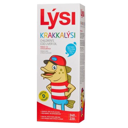 Ulei din ficat de cod cu aroma naturala de mango pentru copii, 240 ml, Lysi