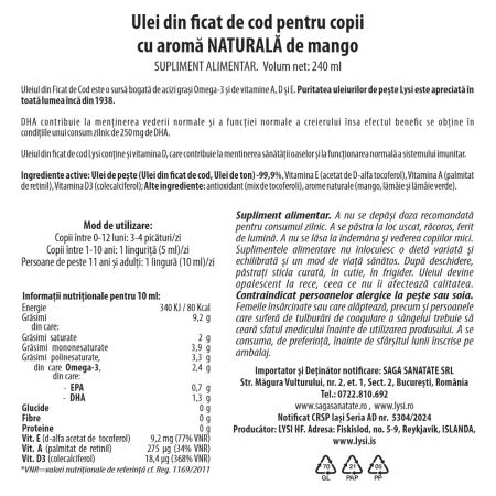 Ulei din ficat de cod pentru copii cu aroma naturala de mango, 240 ml, Lysi 703432