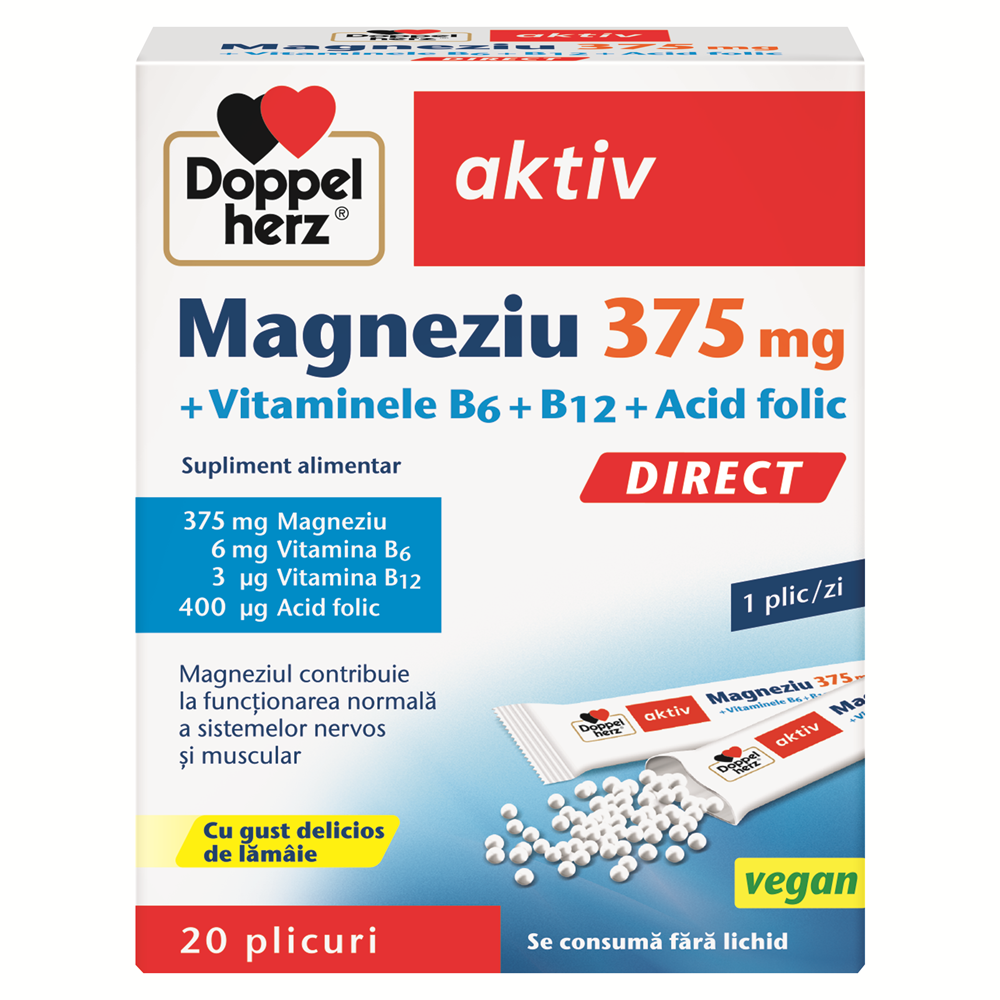 Magneziu 375 mg Direct + Vitaminele B6 + B12 + Acid folic, 20 plicuri, Doppelherz