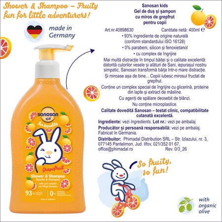 Gel de dus si sampon 2 in 1 cu aroma de grapefruit, 400 ml, Sanosan 737606