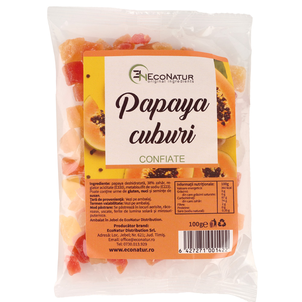 Papaya cuburi confiate, 100 g, Econatur