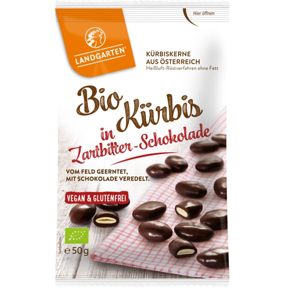 Seminte de dovleac invelite in ciocolata neagra Bio, 50 g, Landgarten