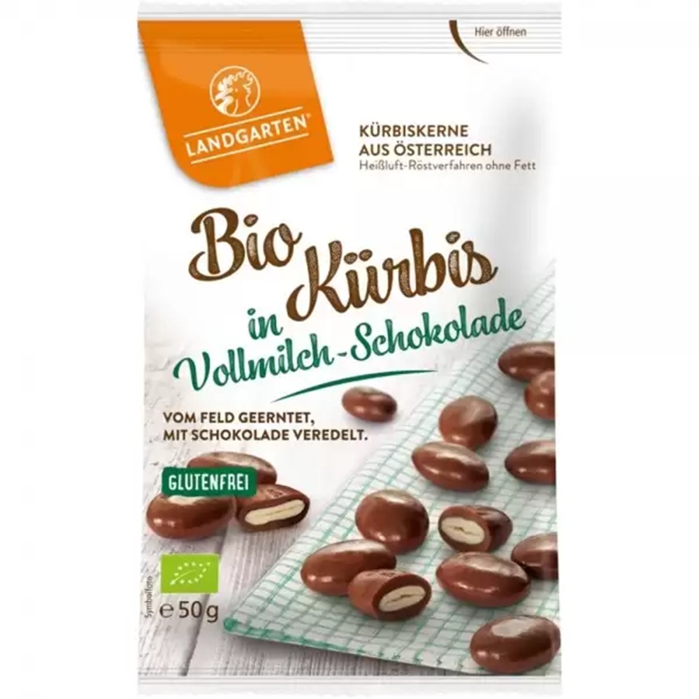 Seminte de dovleac invelite in ciocolata cu lapte Bio, 50 g, Landgarten