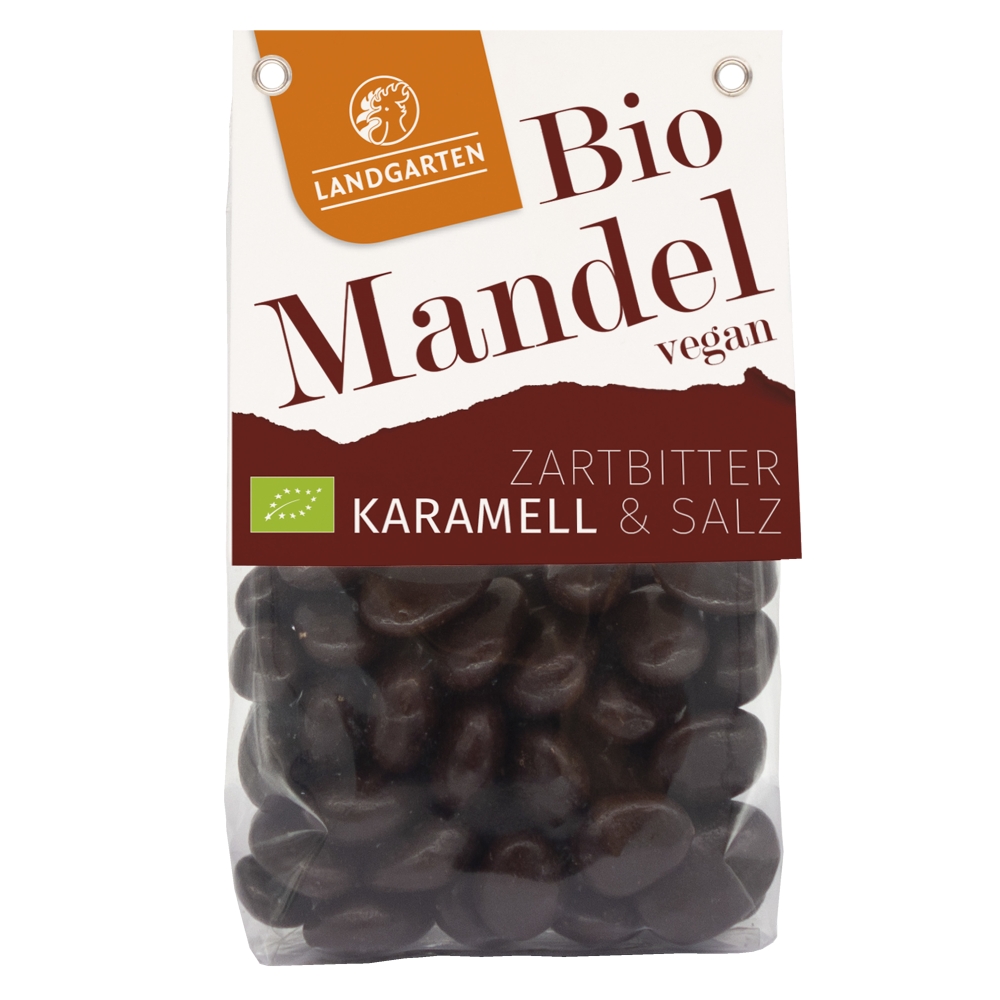 Migdale in ciocolata neagra si caramel Bio, 170 g, Landgarten