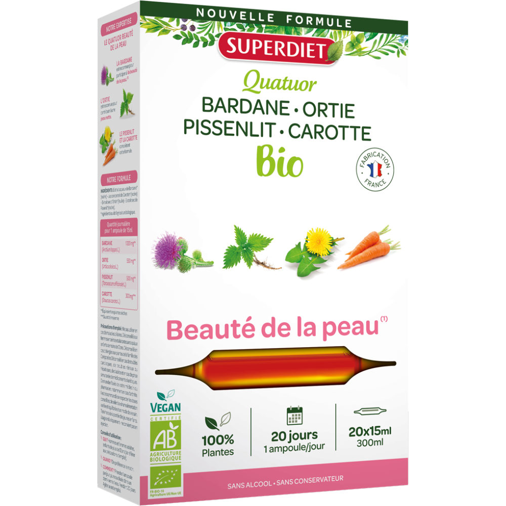 4 Plante pentru sanatatea pielii bio, 20 fiole x 15 ml, SuperDiet