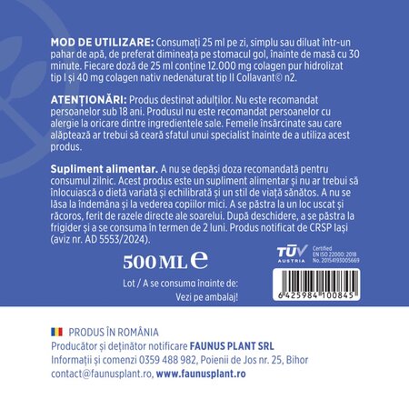 Colagen hidrolizat pentru articulatii Colagenus Articulatii Forte, 500 ml, Faunus Plant 739424