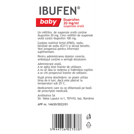 Ibufen Baby, 20 mg/ml suspensie orală, 100 ml, Antibiotice SA 636317