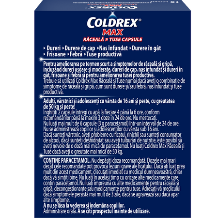 Coldrex Max Raceala si Tuse, 16 capsule, Perrigo 636350
