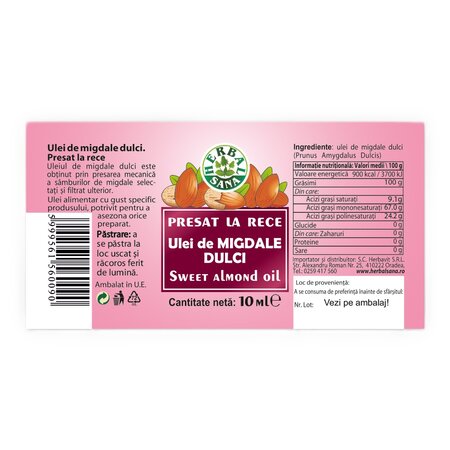 Ulei de migdale dulci, 10 ml, Herbavit 705866