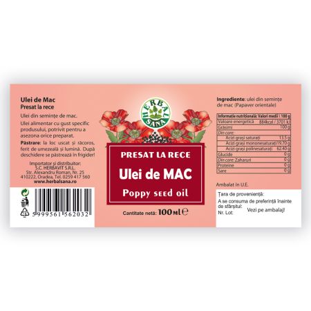 Ulei de Mac presat la rece, 100 ml, Herbavit 636880