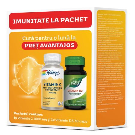 Pachet Vitamina D3 Nature's Way, 2000UI + Vitamin C 1000mg Solaray, 30 + 30 capsule, Secom