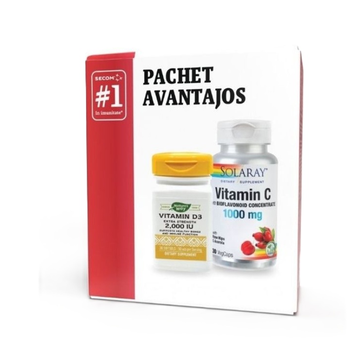 Pachet Vitamina D3 Nature's Way, 2000UI + Vitamin C 1000mg Solaray, 30 + 30 capsule, Secom