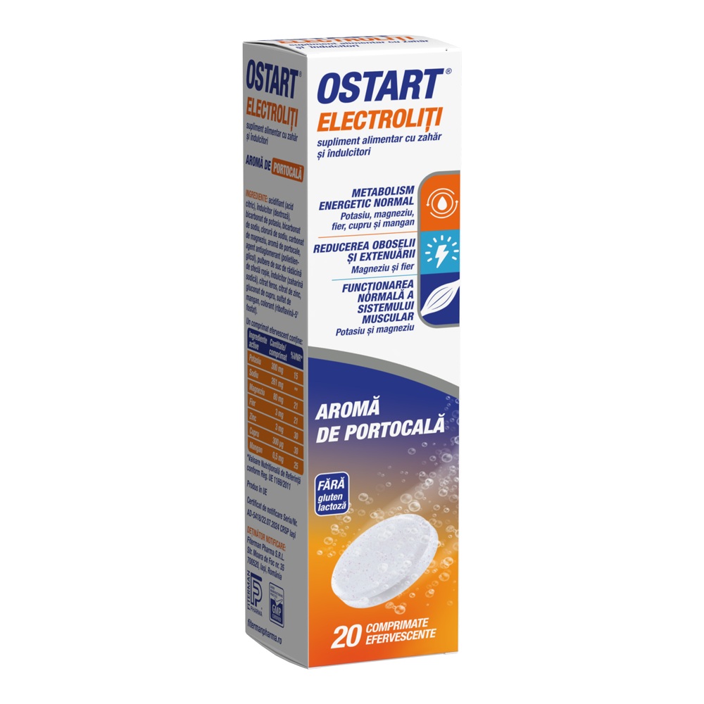 Ostart electroliti cu aroma de portocala, 20 comprimate efervescente, Fiterman