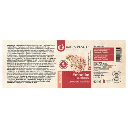 Emocalm cu valeriana, 60 comprimate, Dacia Plant 738673