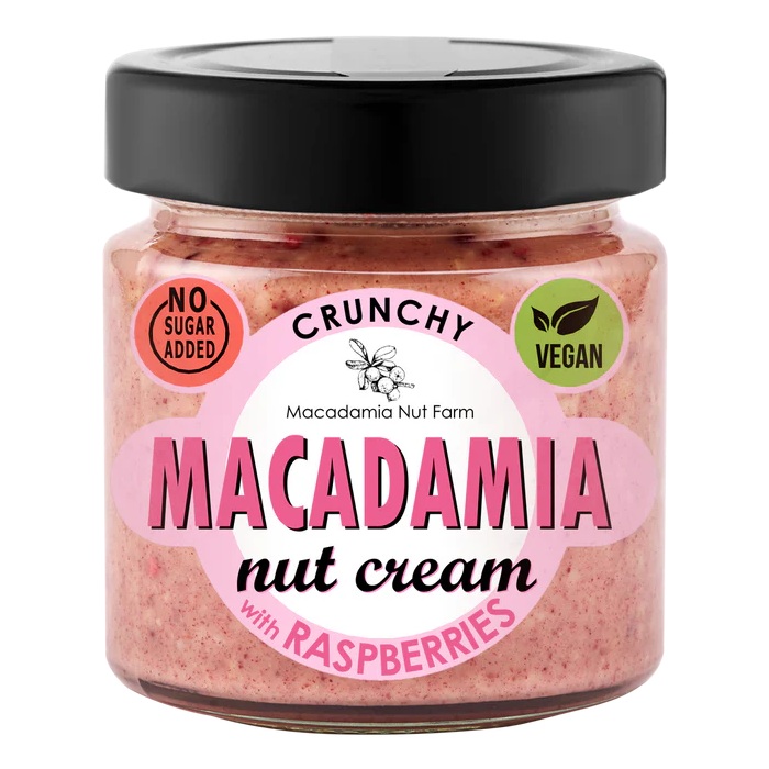 Crema de nuci de macadamia cu zmeura liofilizata Crunchy, 180 g, Macadamia Nut Farm