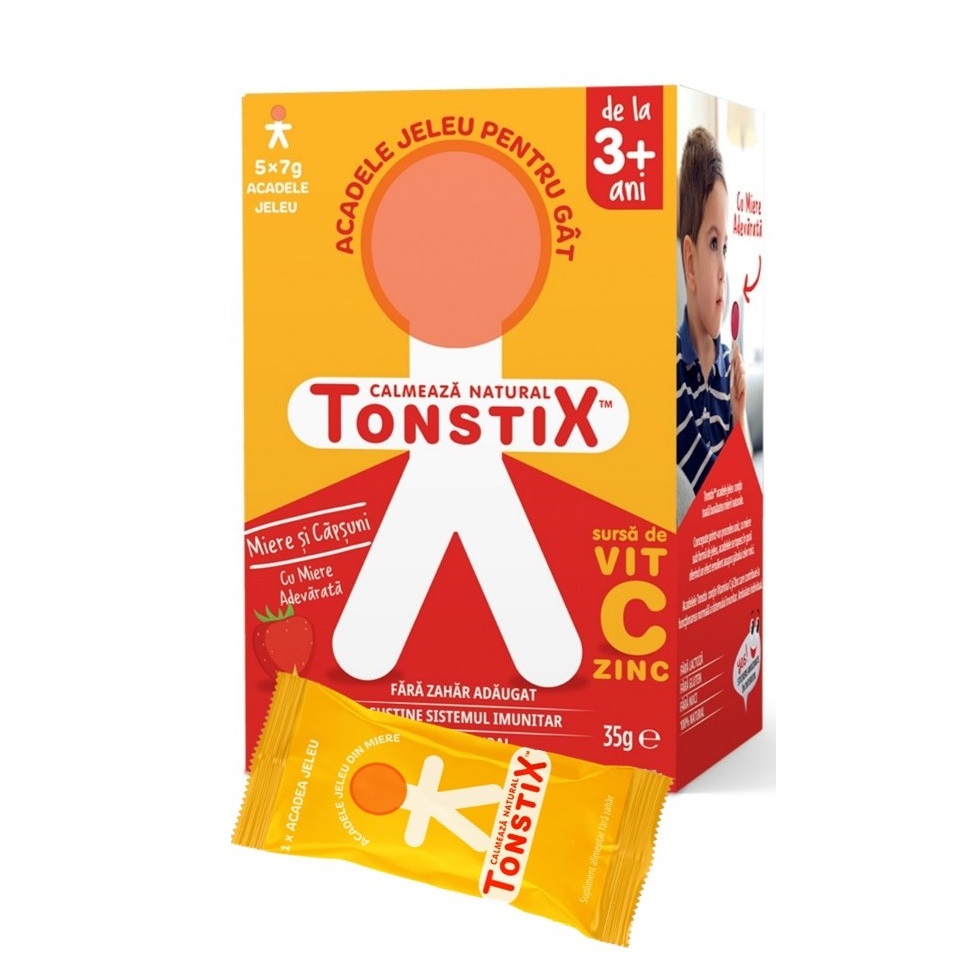 Acadele jeleu pentru gat cu miere si aroma de capsuni Tonstix, 5 x 7 g, Pharmaexcell